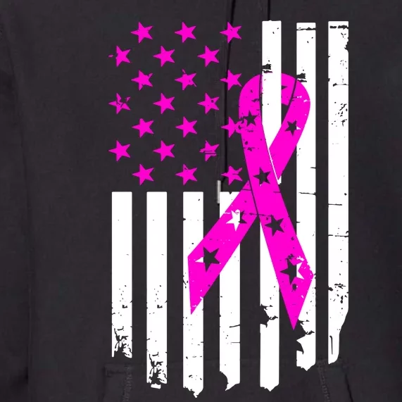 Breast Cancer Awareness Ribbon American Flag Premium Hoodie