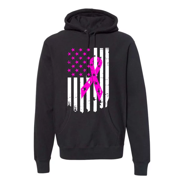 Breast Cancer Awareness Ribbon American Flag Premium Hoodie