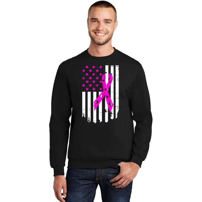 Breast Cancer Awareness Ribbon American Flag Tall Sweatshirt