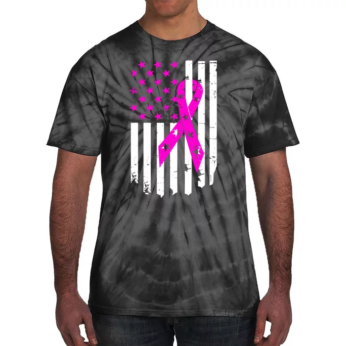 Breast Cancer Awareness Ribbon American Flag Tie-Dye T-Shirt