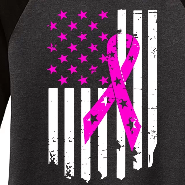 Breast Cancer Awareness Ribbon American Flag Women's Tri-Blend 3/4-Sleeve Raglan Shirt