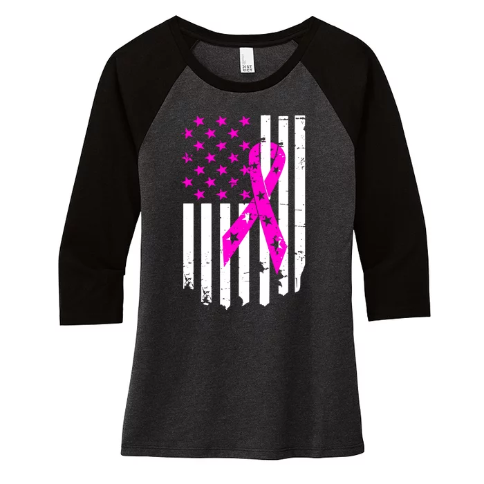 Breast Cancer Awareness Ribbon American Flag Women's Tri-Blend 3/4-Sleeve Raglan Shirt