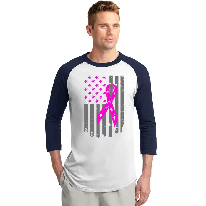 Breast Cancer Awareness Ribbon American Flag Baseball Sleeve Shirt