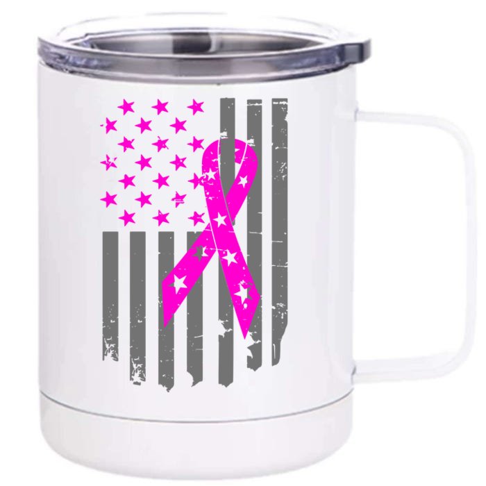 Breast Cancer Awareness Ribbon American Flag Front & Back 12oz Stainless Steel Tumbler Cup