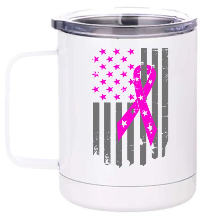 Breast Cancer Awareness Ribbon American Flag Front & Back 12oz Stainless Steel Tumbler Cup