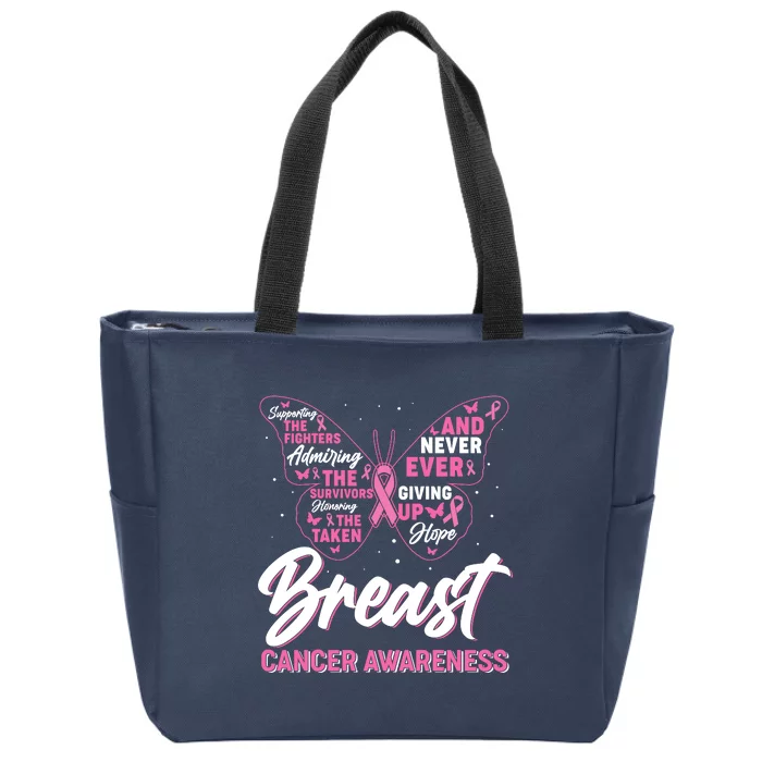 Breast Cancer Awareness Butterfly Zip Tote Bag