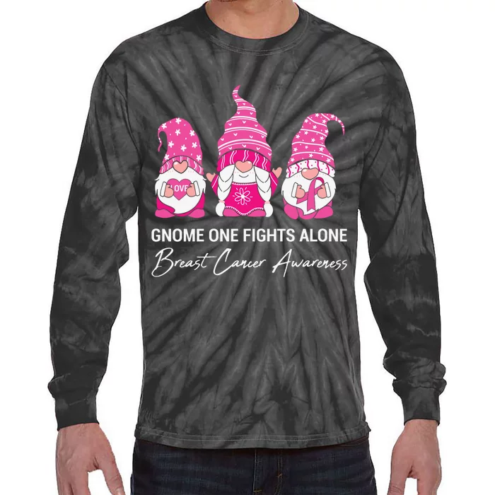 Breast Cancer Awareness Gnome No One Fights Alone Tie-Dye Long Sleeve Shirt