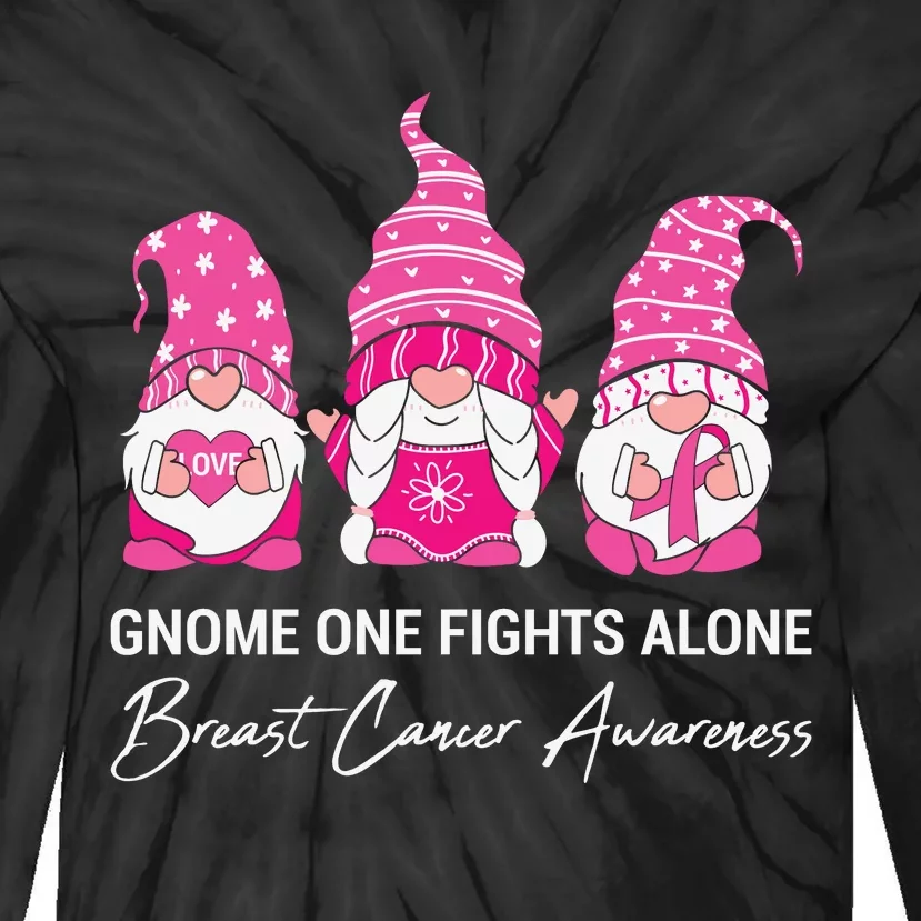 Breast Cancer Awareness Gnome No One Fights Alone Tie-Dye Long Sleeve Shirt