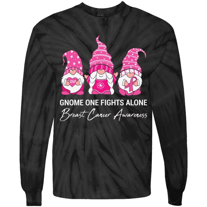 Breast Cancer Awareness Gnome No One Fights Alone Tie-Dye Long Sleeve Shirt