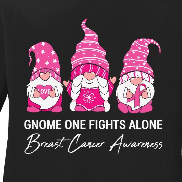 Breast Cancer Awareness Gnome No One Fights Alone Ladies Long Sleeve Shirt