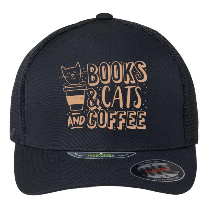 Books Cats And Coffee Lover Flexfit Unipanel Trucker Cap