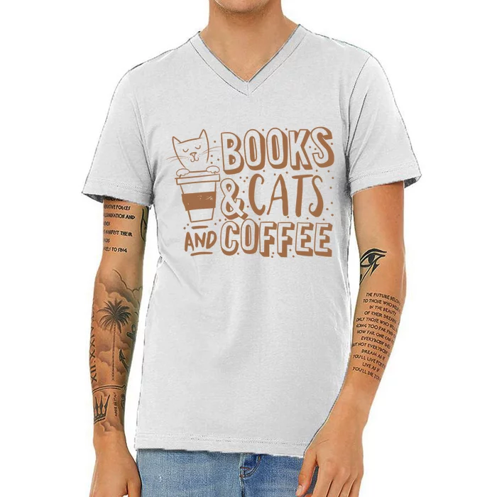 Books Cats And Coffee Lover V-Neck T-Shirt