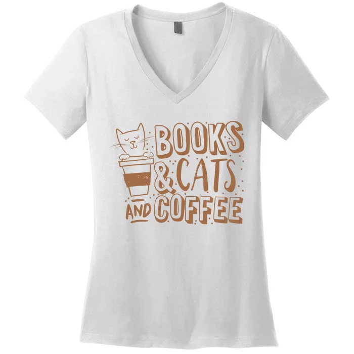 Books Cats And Coffee Lover Women's V-Neck T-Shirt