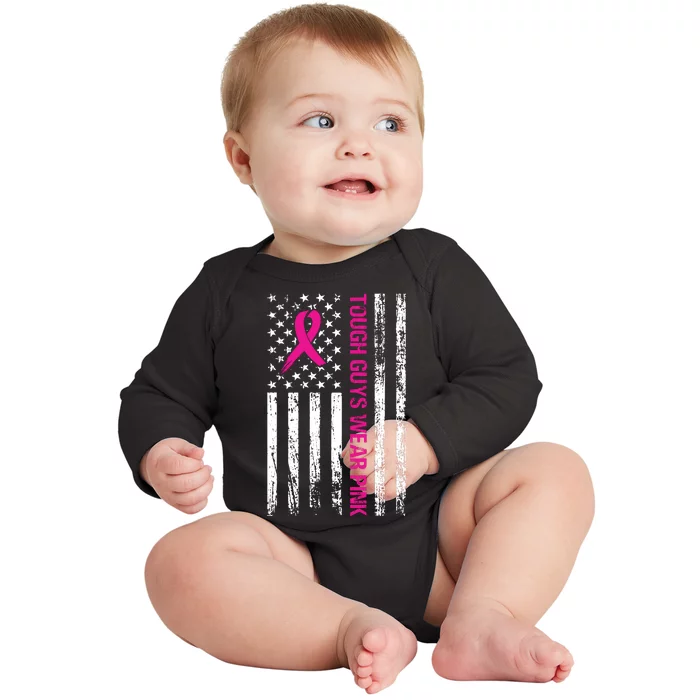 Breast Cancer Awareness Tough Guys Wear Pink American Us Flag Pink Ribbon Baby Long Sleeve Bodysuit