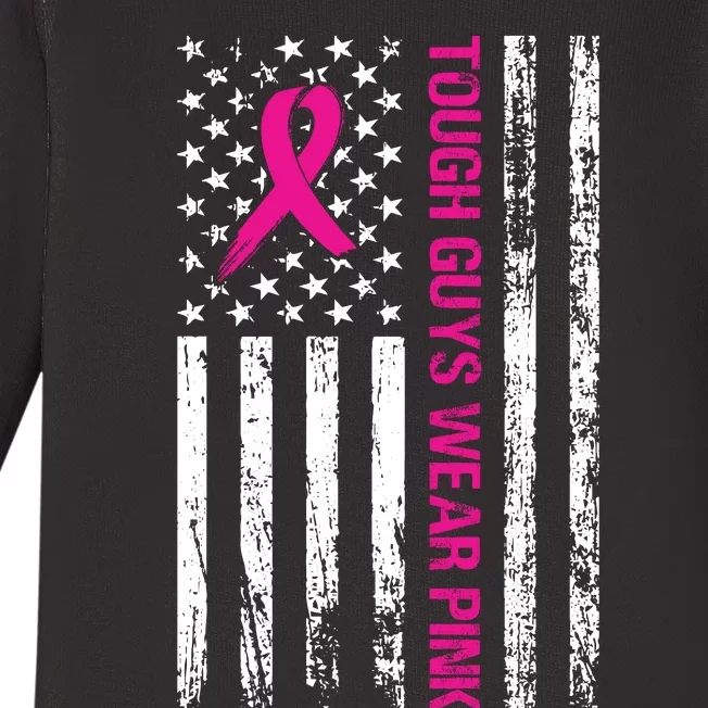 Breast Cancer Awareness Tough Guys Wear Pink American Us Flag Pink Ribbon Baby Long Sleeve Bodysuit