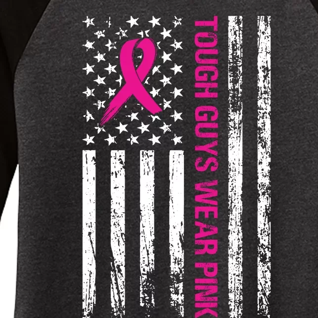 Breast Cancer Awareness Tough Guys Wear Pink American Us Flag Pink Ribbon Women's Tri-Blend 3/4-Sleeve Raglan Shirt