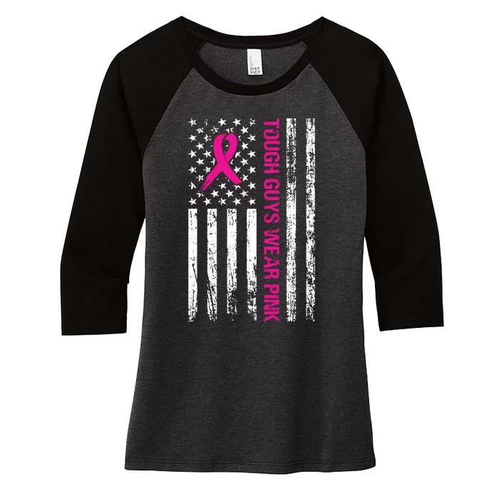 Breast Cancer Awareness Tough Guys Wear Pink American Us Flag Pink Ribbon Women's Tri-Blend 3/4-Sleeve Raglan Shirt