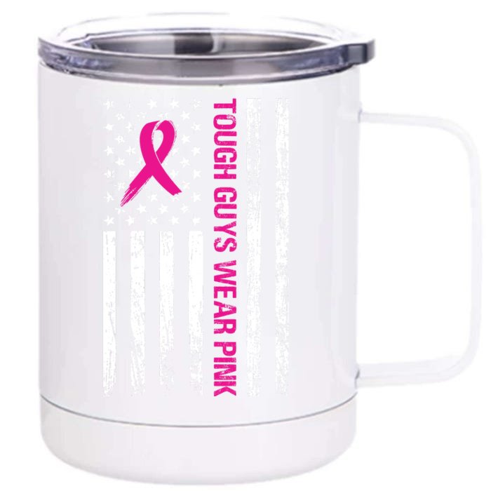 Breast Cancer Awareness Tough Guys Wear Pink American Us Flag Pink Ribbon Front & Back 12oz Stainless Steel Tumbler Cup