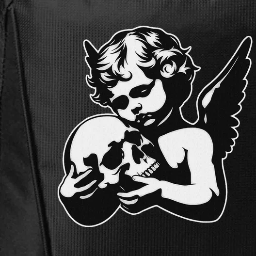 Blackwork Cherub Angel Holding Skull City Backpack