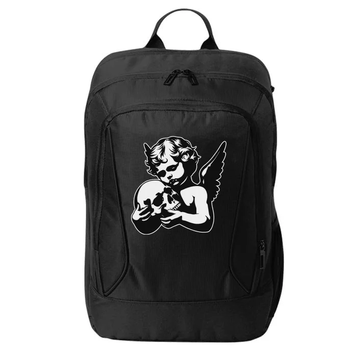 Blackwork Cherub Angel Holding Skull City Backpack