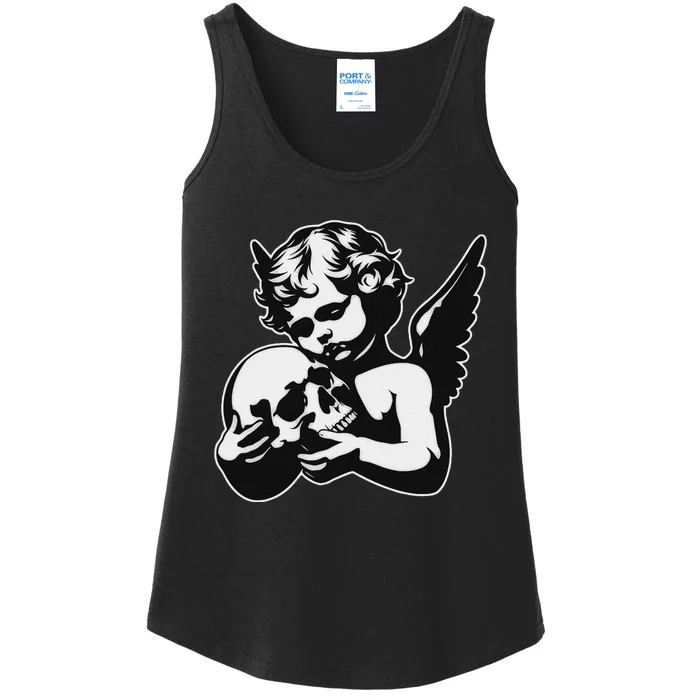 Blackwork Cherub Angel Holding Skull Ladies Essential Tank