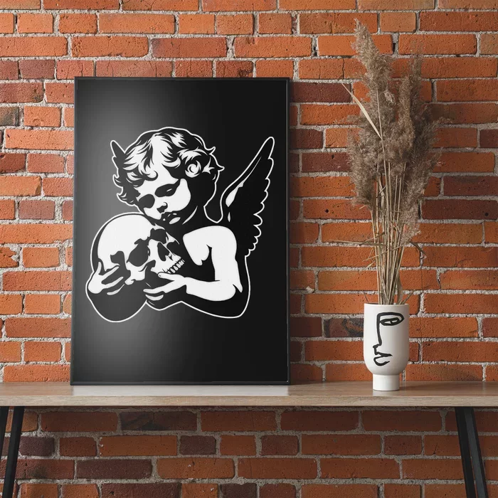 Blackwork Cherub Angel Holding Skull Poster