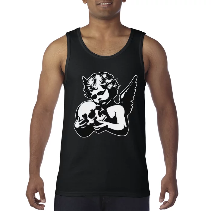 Blackwork Cherub Angel Holding Skull Tank Top