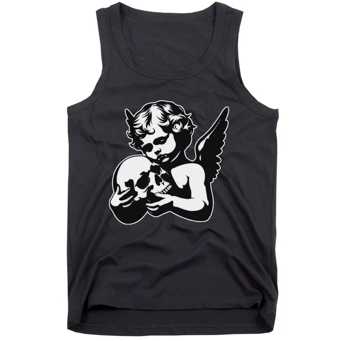 Blackwork Cherub Angel Holding Skull Tank Top