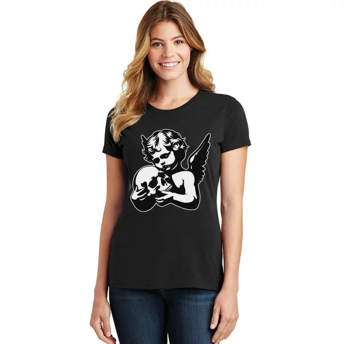 Blackwork Cherub Angel Holding Skull Women's T-Shirt