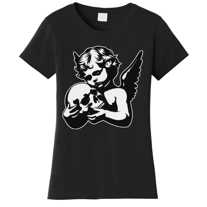 Blackwork Cherub Angel Holding Skull Women's T-Shirt