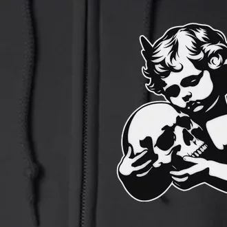 Blackwork Cherub Angel Holding Skull Full Zip Hoodie