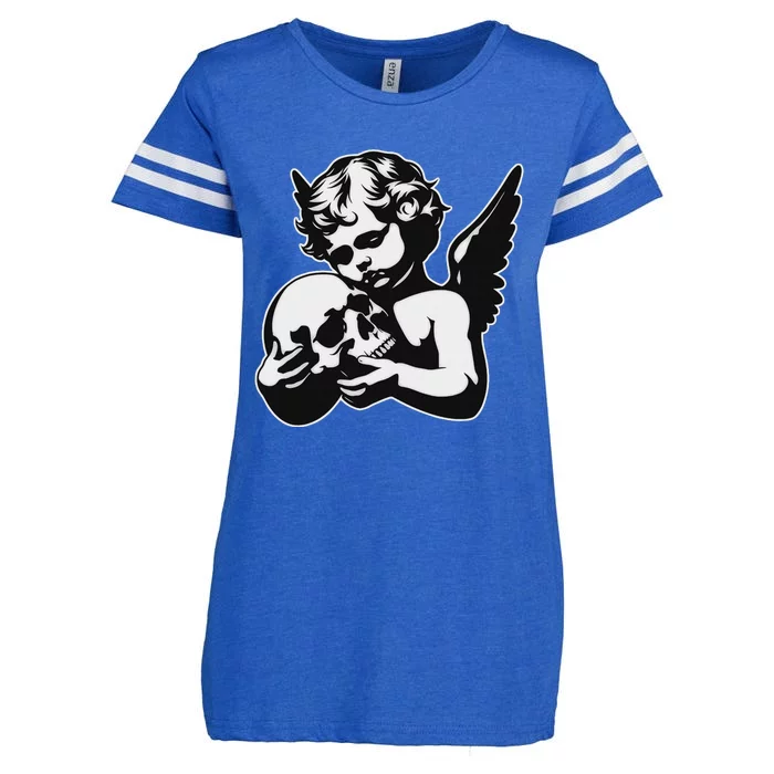 Blackwork Cherub Angel Holding Skull Enza Ladies Jersey Football T-Shirt