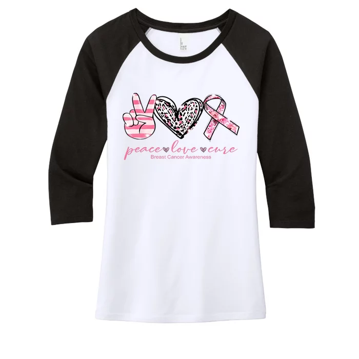 Breast Cancer Awareness Peace Love Cure Women's Tri-Blend 3/4-Sleeve Raglan Shirt