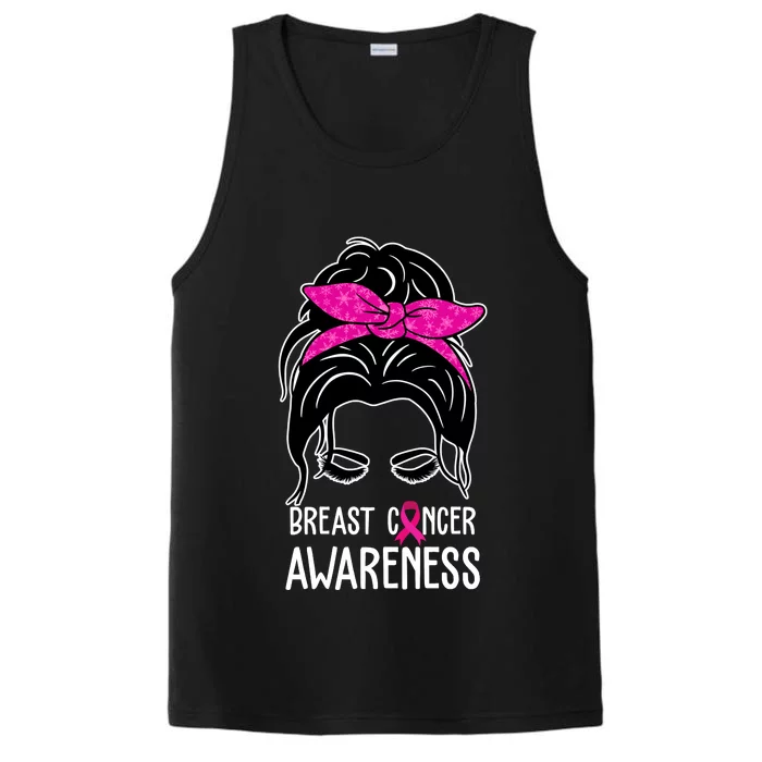 Breast Cancer Awareness Hair Bun Pink Ribbon Performance Tank