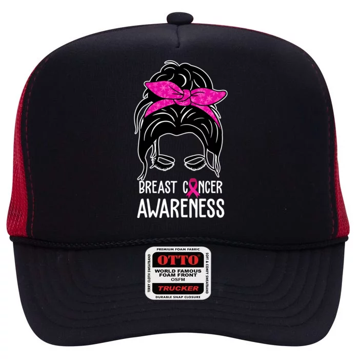 Breast Cancer Awareness Hair Bun Pink Ribbon High Crown Mesh Trucker Hat