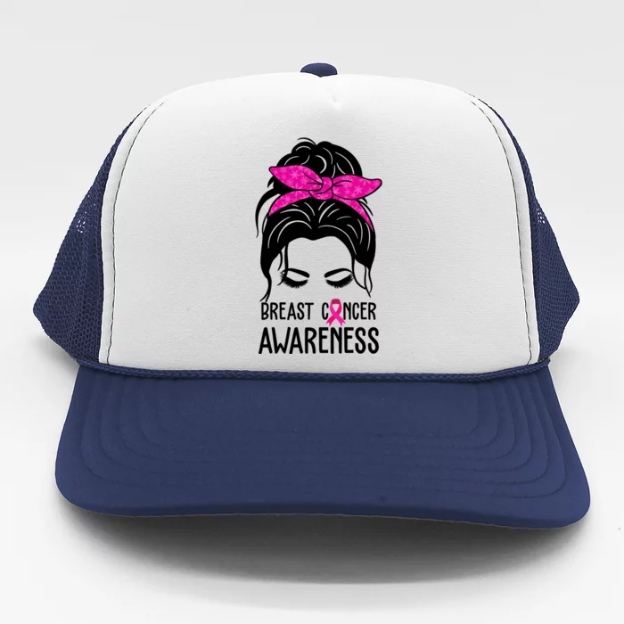 Breast Cancer Awareness Hair Bun Pink Ribbon Trucker Hat