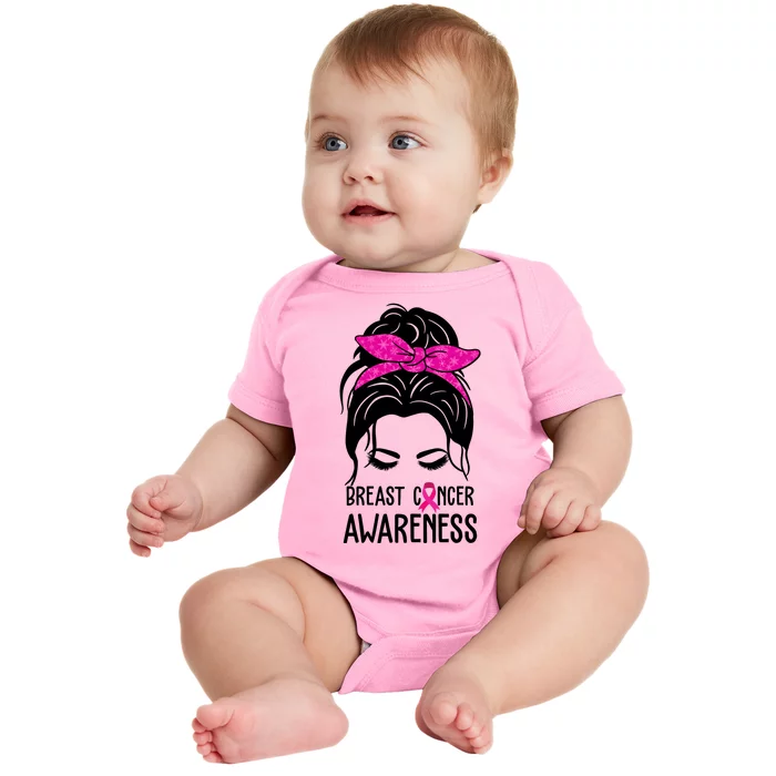 Breast Cancer Awareness Hair Bun Pink Ribbon Baby Bodysuit