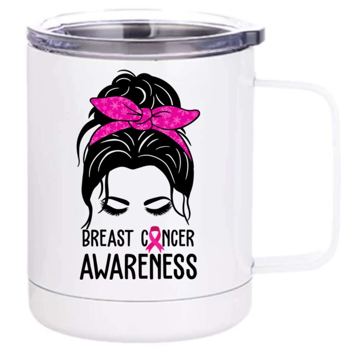 Breast Cancer Awareness Hair Bun Pink Ribbon Front & Back 12oz Stainless Steel Tumbler Cup