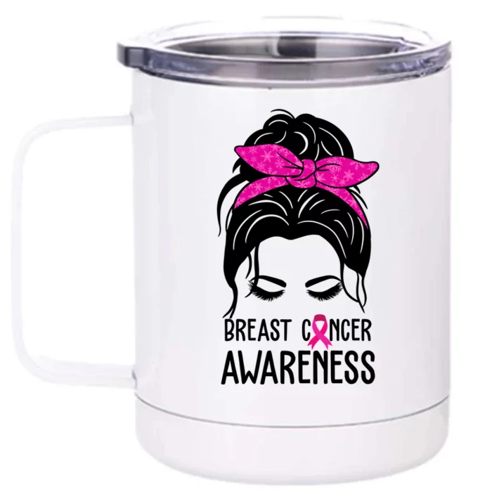 Breast Cancer Awareness Hair Bun Pink Ribbon Front & Back 12oz Stainless Steel Tumbler Cup