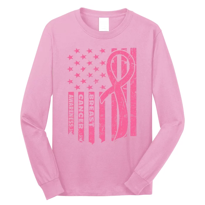 Breast Cancer Awareness   Flag USA Breast Cancer Warrior Long Sleeve Shirt