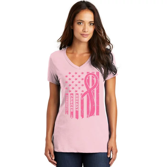 Breast Cancer Awareness   Flag USA Breast Cancer Warrior Women's V-Neck T-Shirt