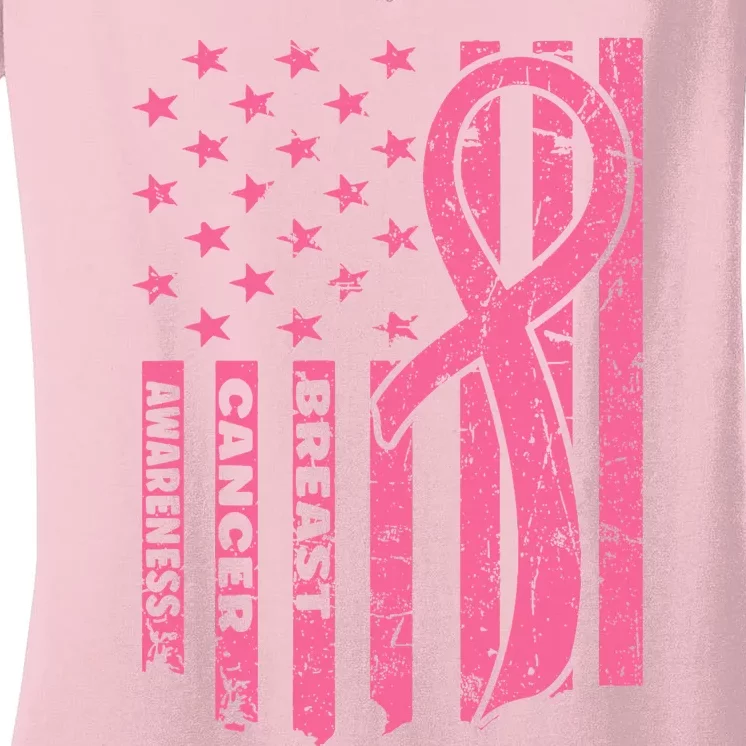 Breast Cancer Awareness   Flag USA Breast Cancer Warrior Women's V-Neck T-Shirt