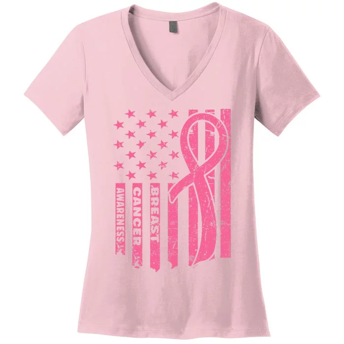 Breast Cancer Awareness   Flag USA Breast Cancer Warrior Women's V-Neck T-Shirt