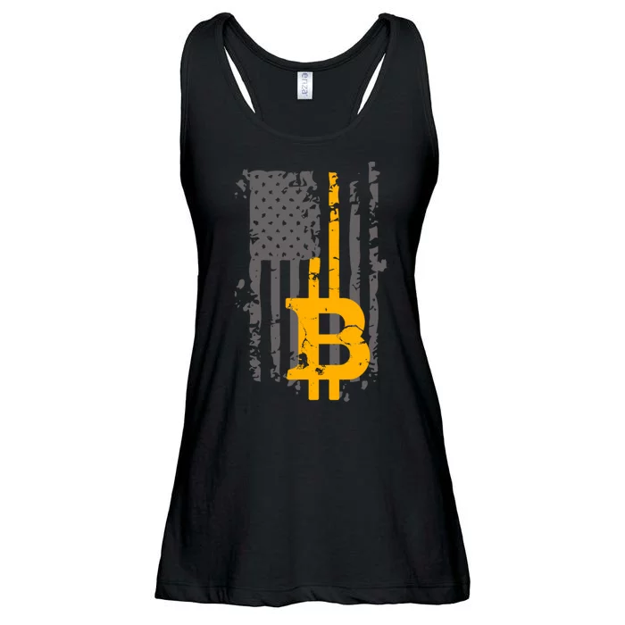 Bitcoin Crypto American Flag Gold Thin Line Ladies Essential Flowy Tank