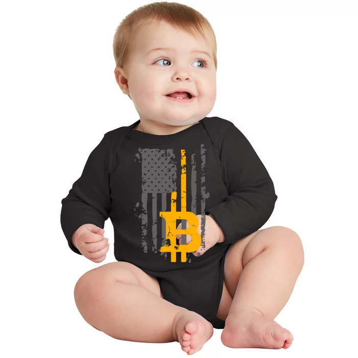 Bitcoin Crypto American Flag Gold Thin Line Baby Long Sleeve Bodysuit