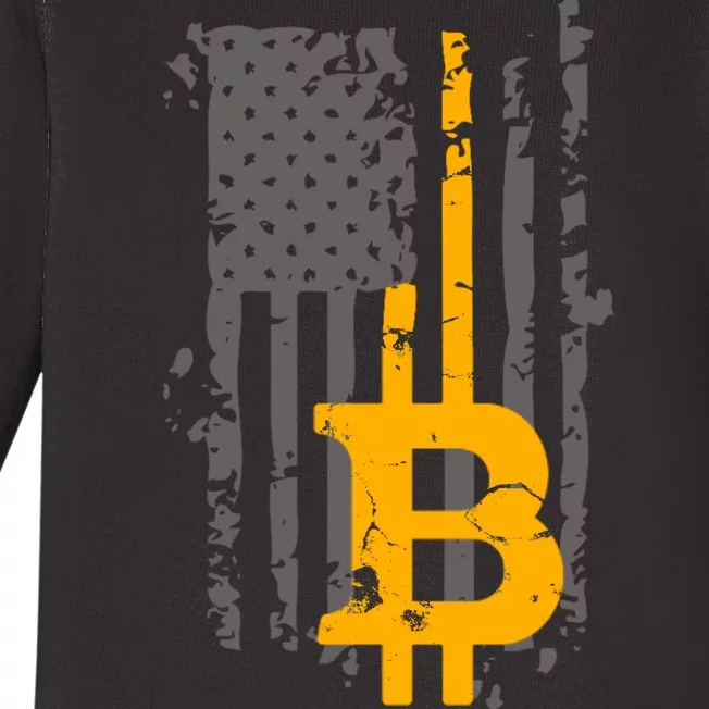 Bitcoin Crypto American Flag Gold Thin Line Baby Long Sleeve Bodysuit