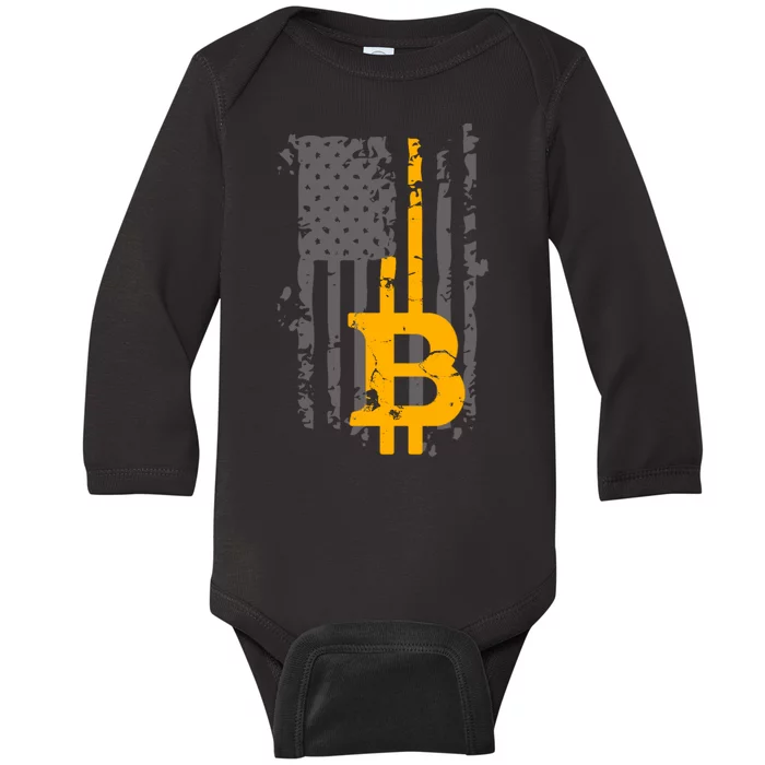 Bitcoin Crypto American Flag Gold Thin Line Baby Long Sleeve Bodysuit