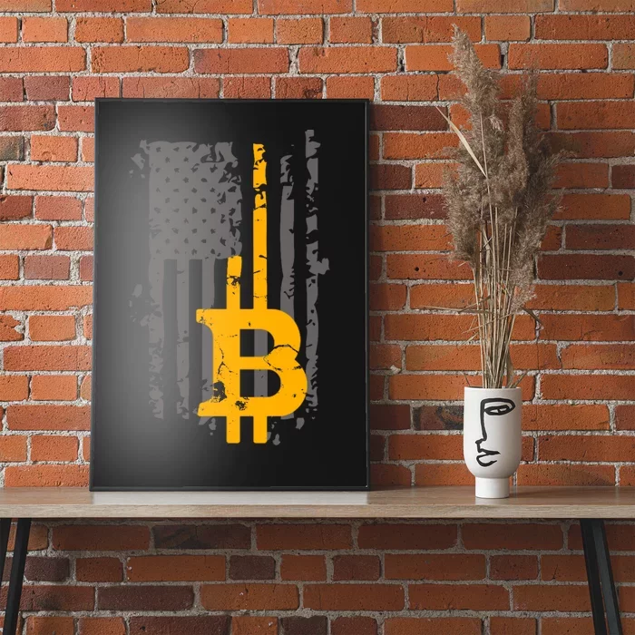 Bitcoin Crypto American Flag Gold Thin Line Poster