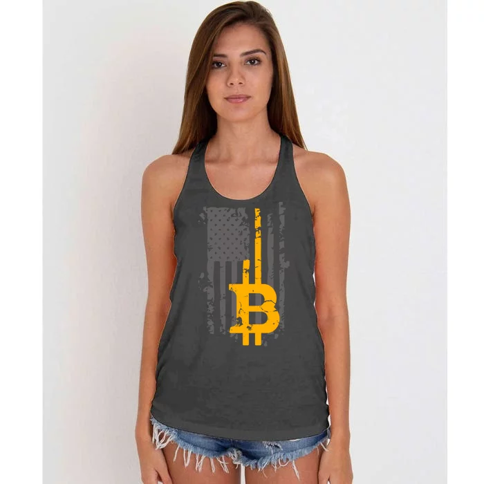 Bitcoin Crypto American Flag Gold Thin Line Women's Knotted Racerback Tank