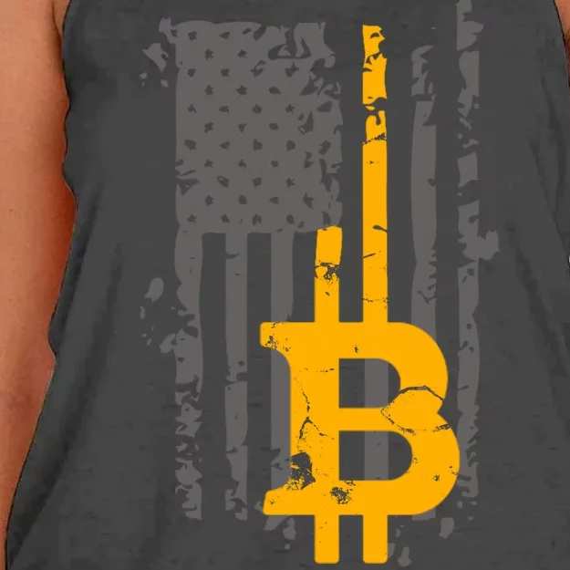 Bitcoin Crypto American Flag Gold Thin Line Women's Knotted Racerback Tank